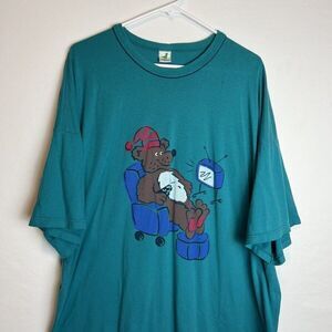 Nanso Bear Watching TV Vintage Teal Blue Sleep Shirt Size XL